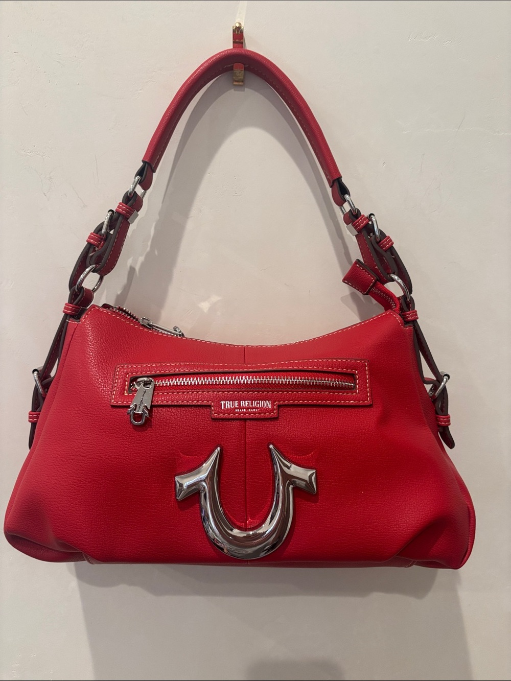 True Religion Red Leather Shoulder Hobo Bag with Silver Hardware